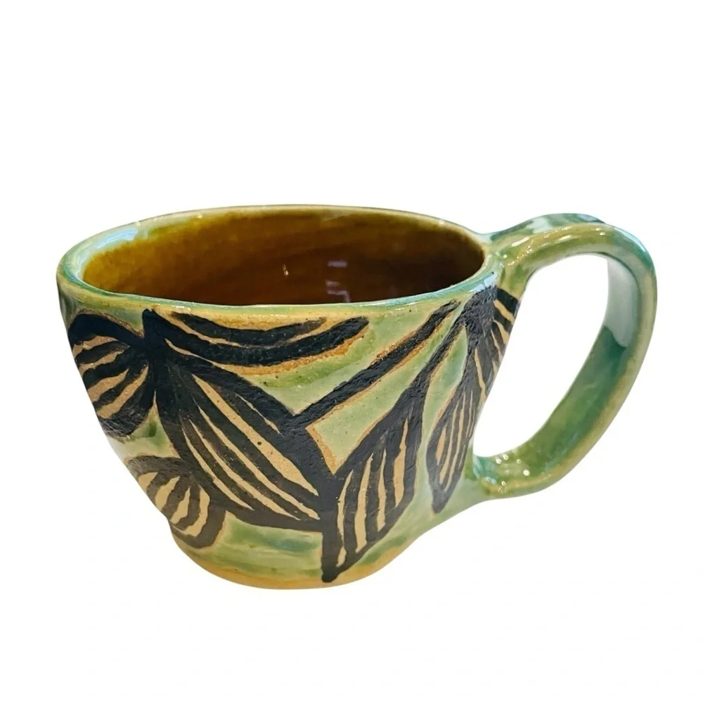 Handmade Signed Studio Art Pottery Mug Green Black Botanical Leaf Design 2.5